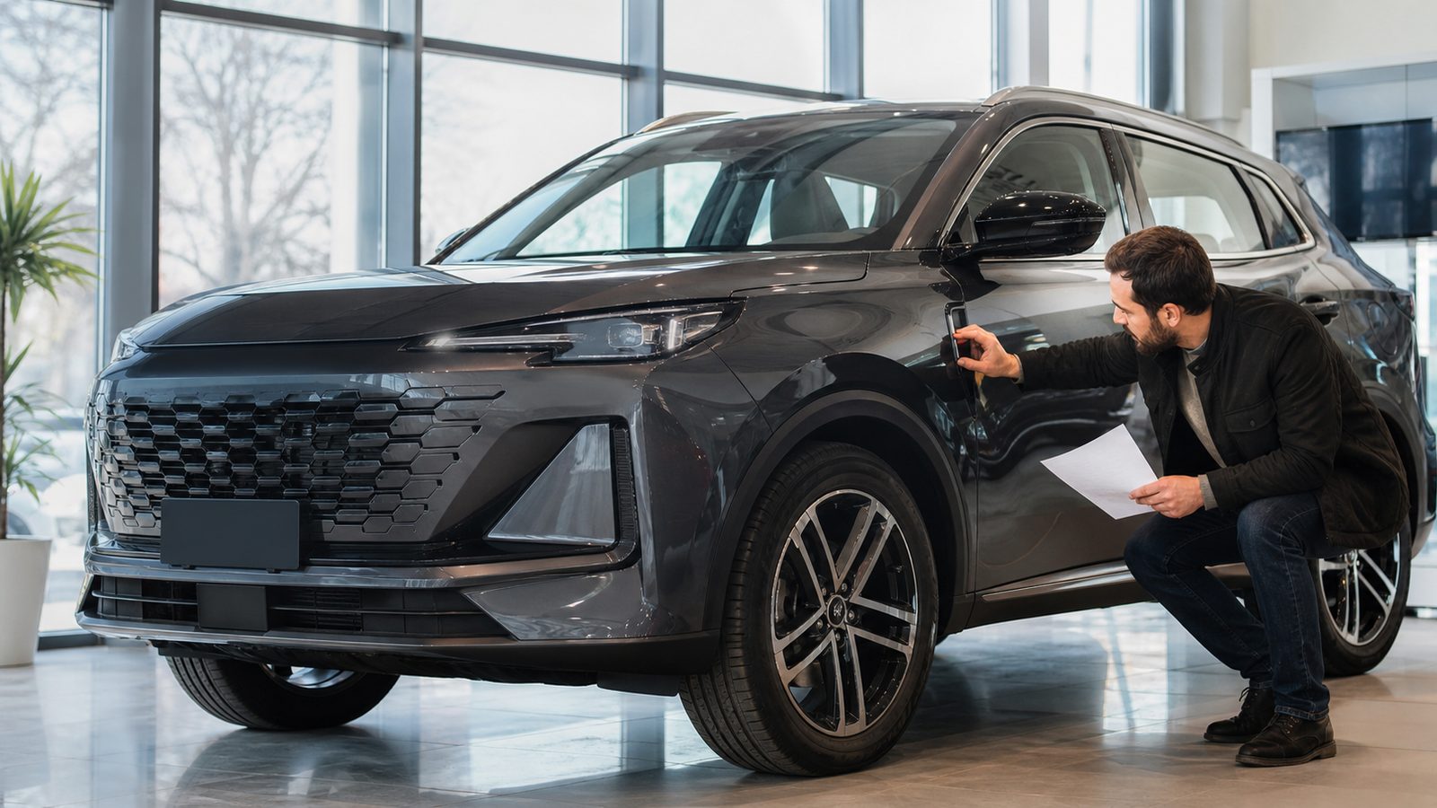 Покупатель сверяет комплектацию и документы нового кроссовера Changan