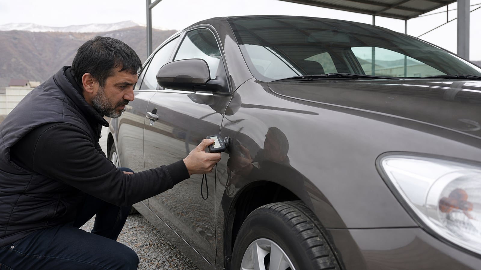 Специалист измеряет толщину покрытия кузова автомобиля