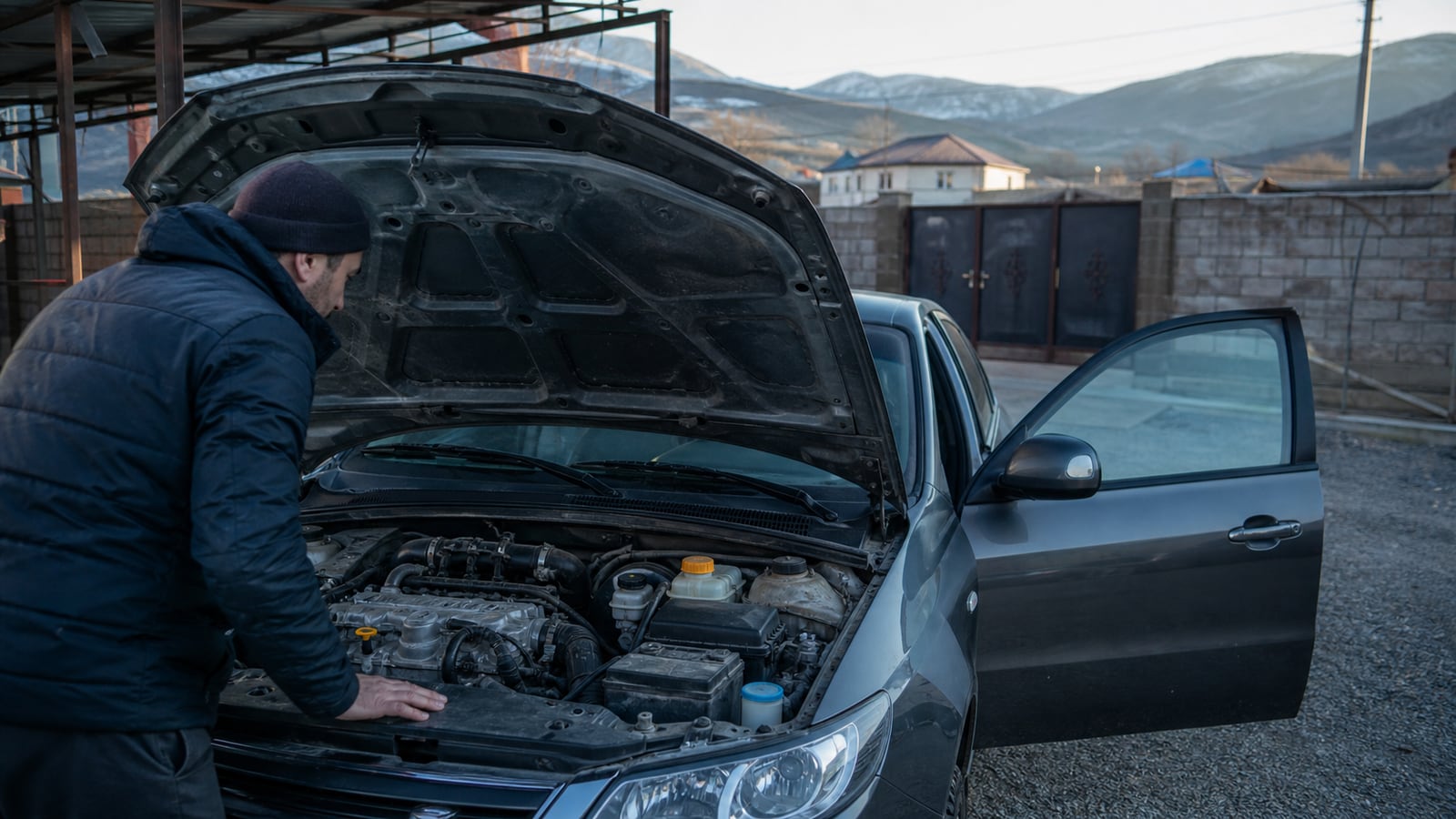 Покупатель проверяет двигатель автомобиля перед холодным запуском