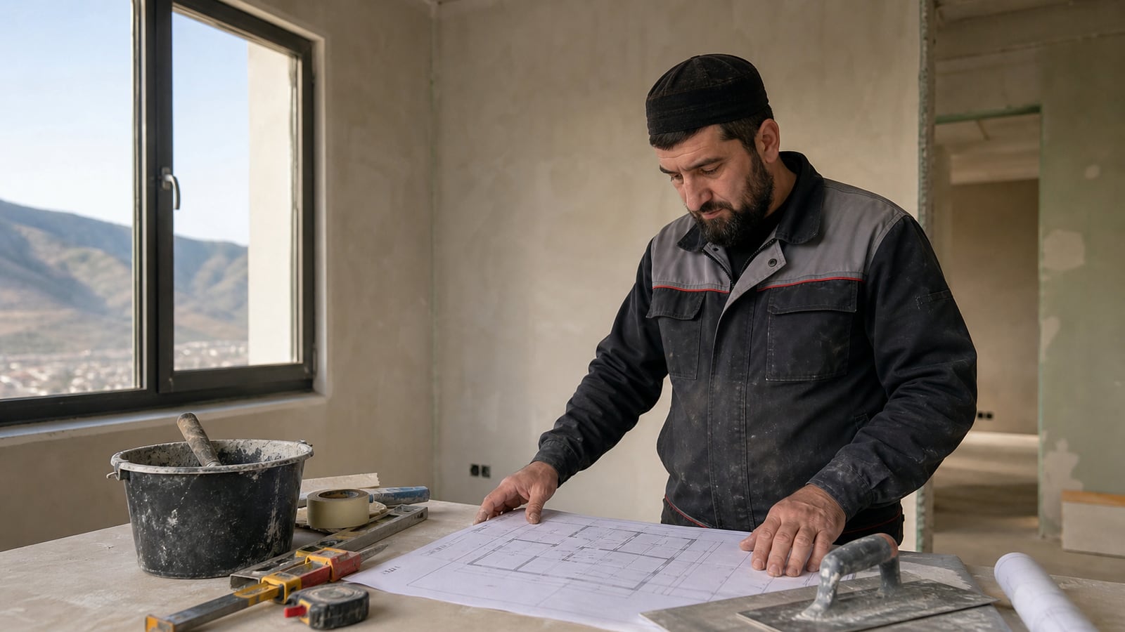 Отделочник изучает план работ в новой квартире в Ингушетии